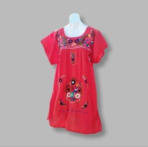 Red Mexican Dress Vibrant Embroidered Size S